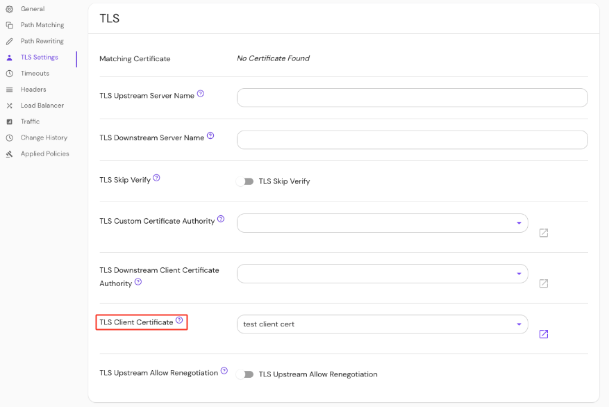 set TLS client Certificate in the console